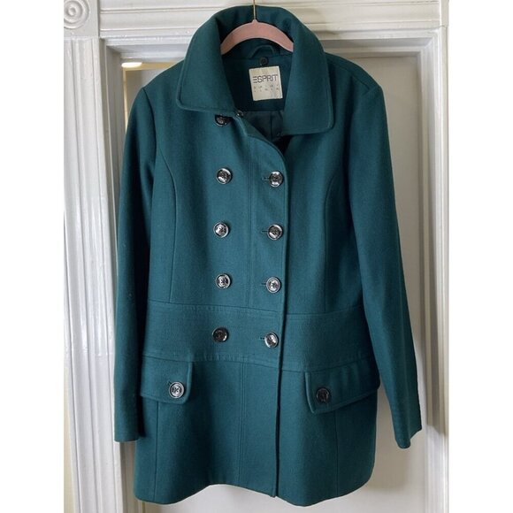 Vintage 90s ESPRIT Double Breasted Wool Blend Pea Coat Mid Length Size L - Picture 1 of 8